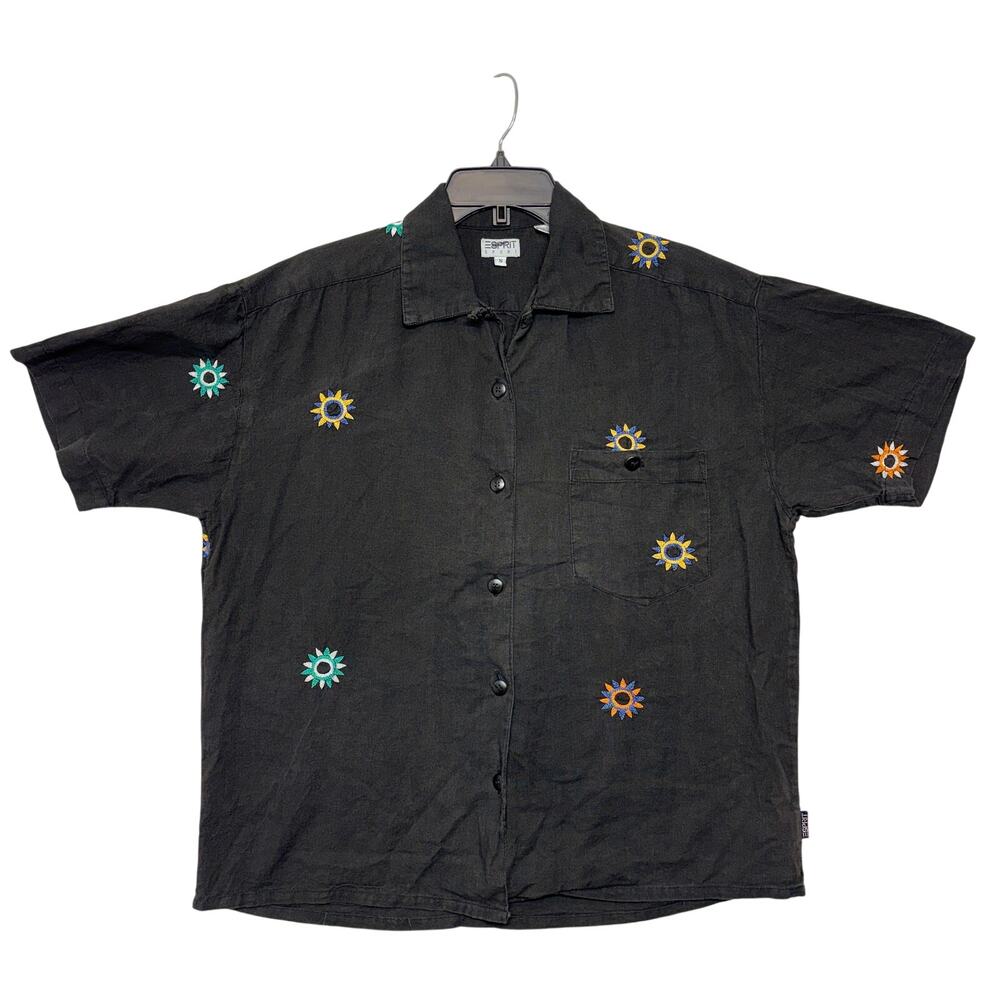 Vintage Esprit Sport Shirt Small Black Womens Sun Embroidered Button Up Summer